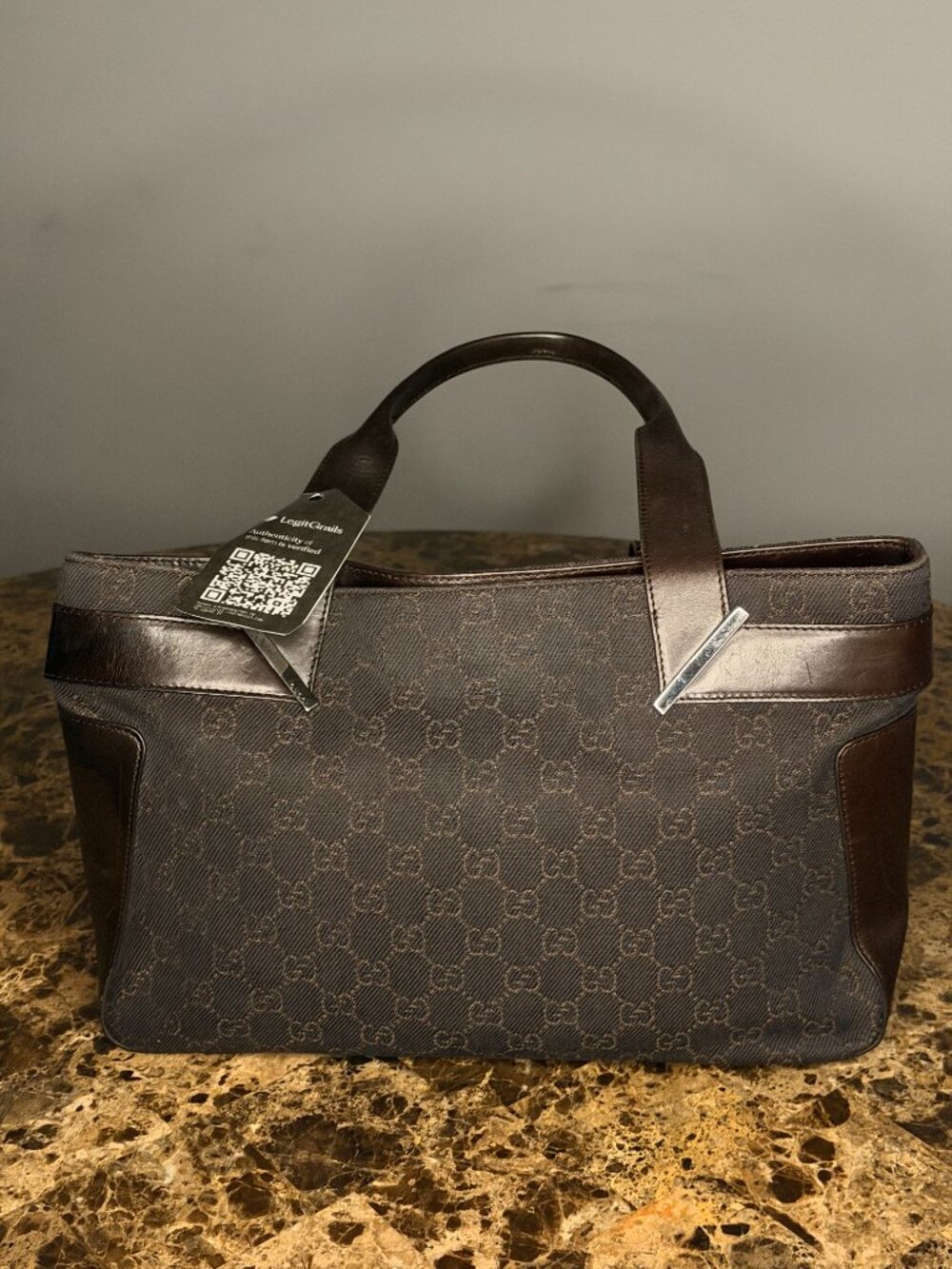 Gucci GG Monogram Brown Canvas & Leather Top Handle Handbag
